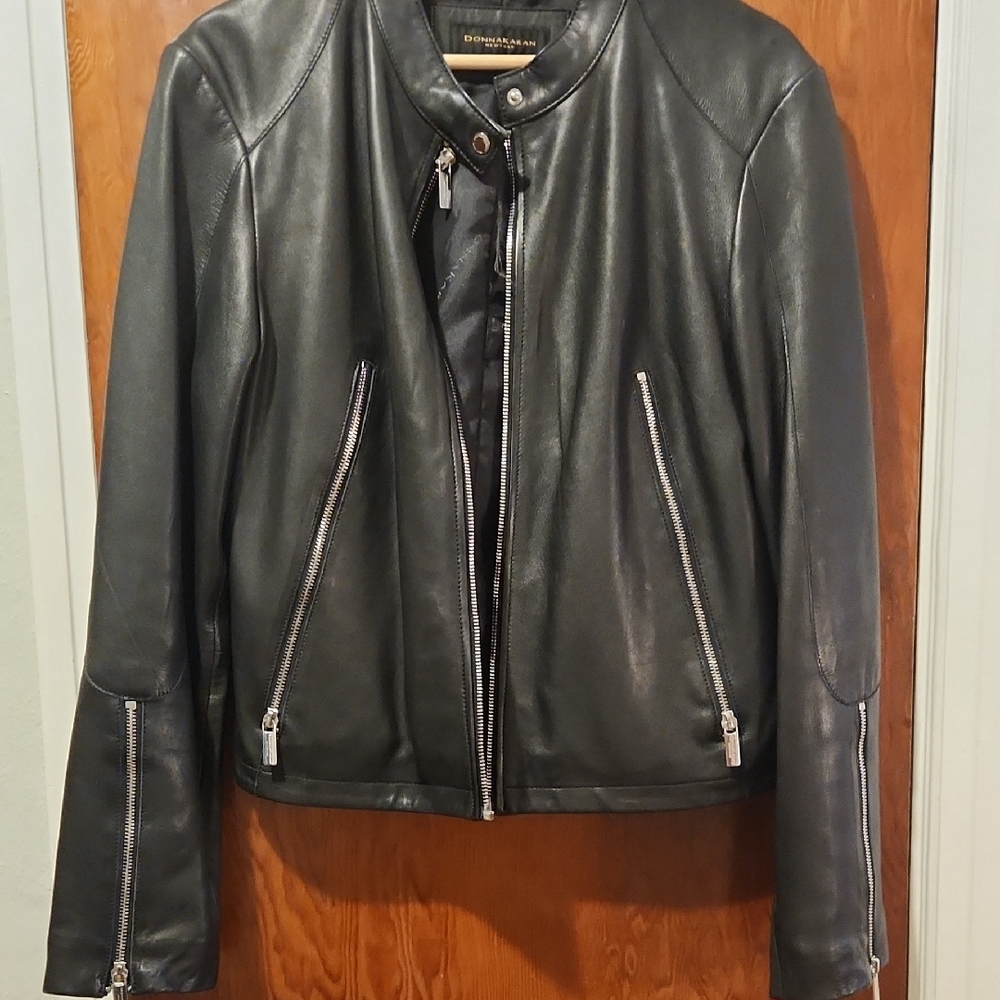 Donna Karan Black Leather Jacket with Silver Accents